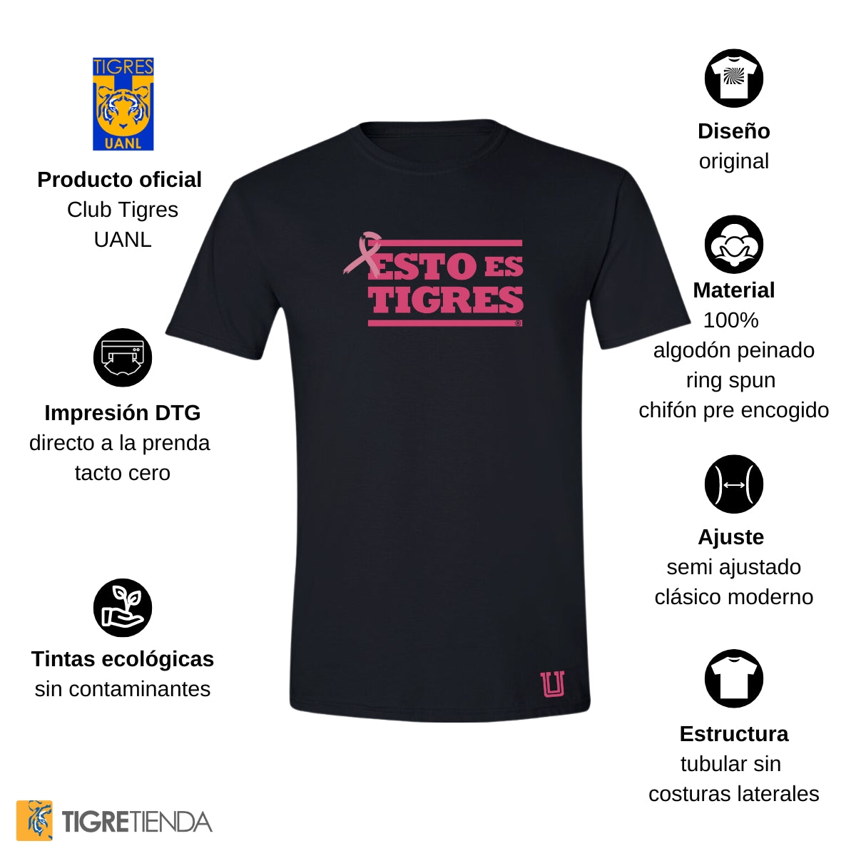 Playera Hombre Tigres UANL Rosa Cáncer Mama