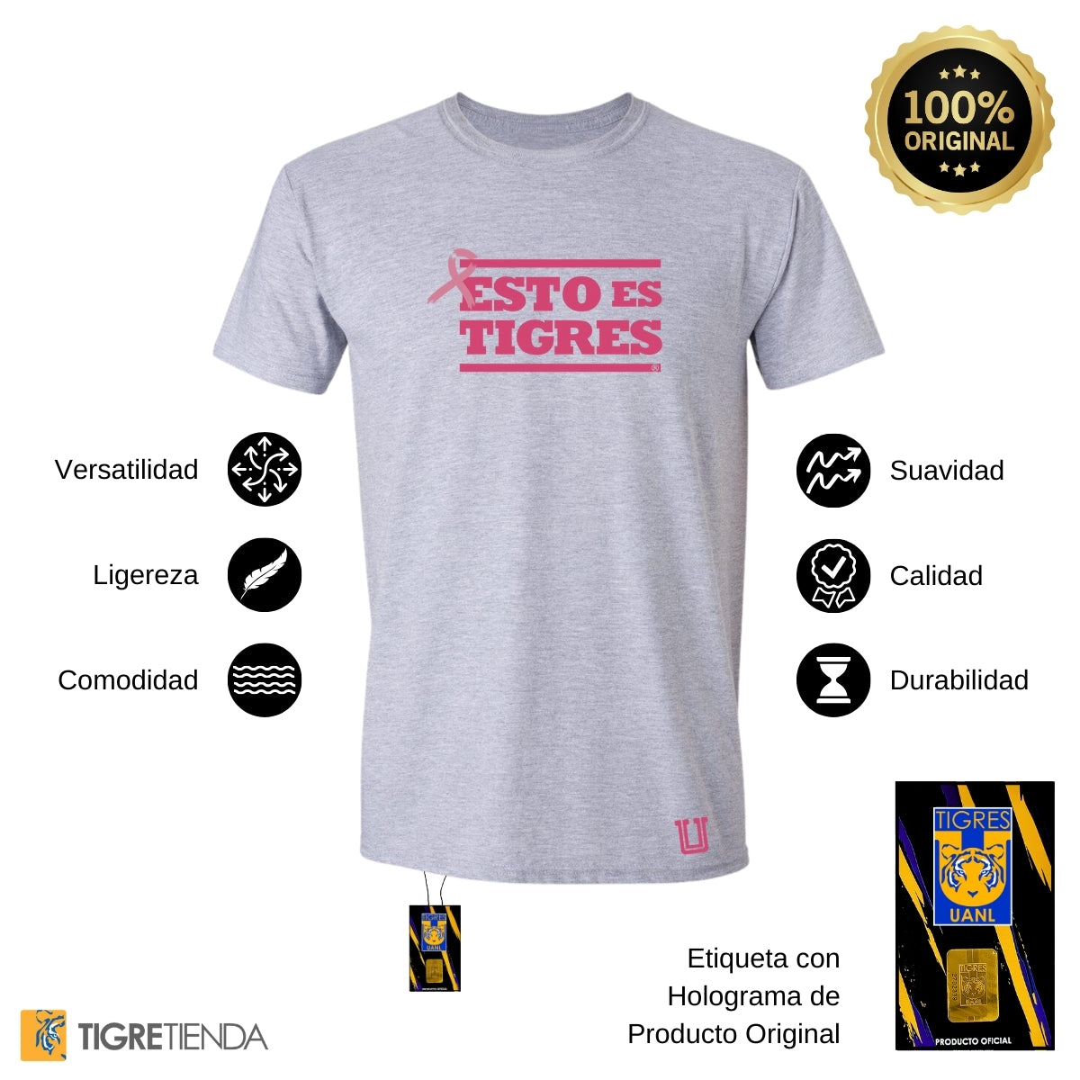 Playera Hombre Tigres UANL Rosa Cáncer Mama