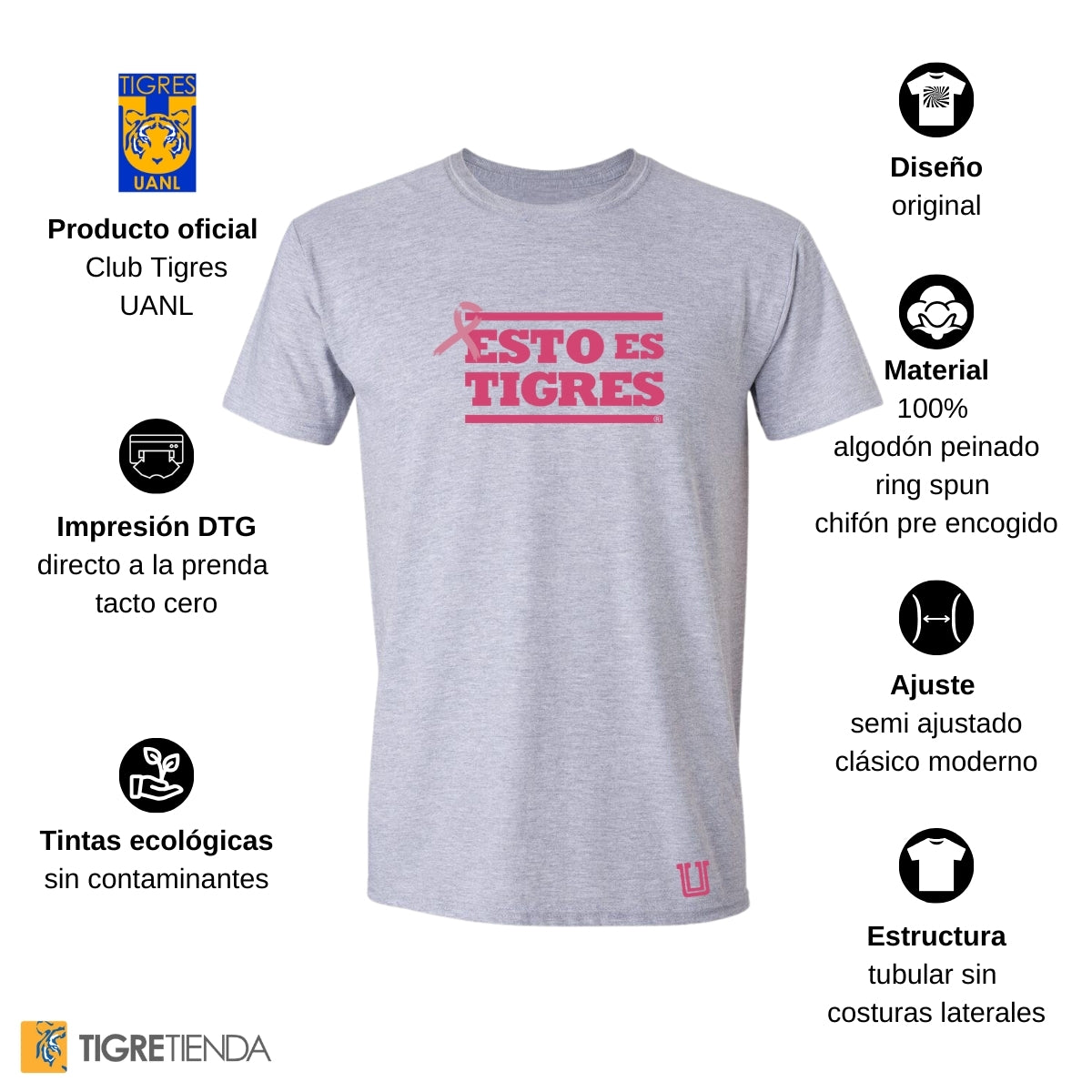 Playera Hombre Tigres UANL Rosa Cáncer Mama