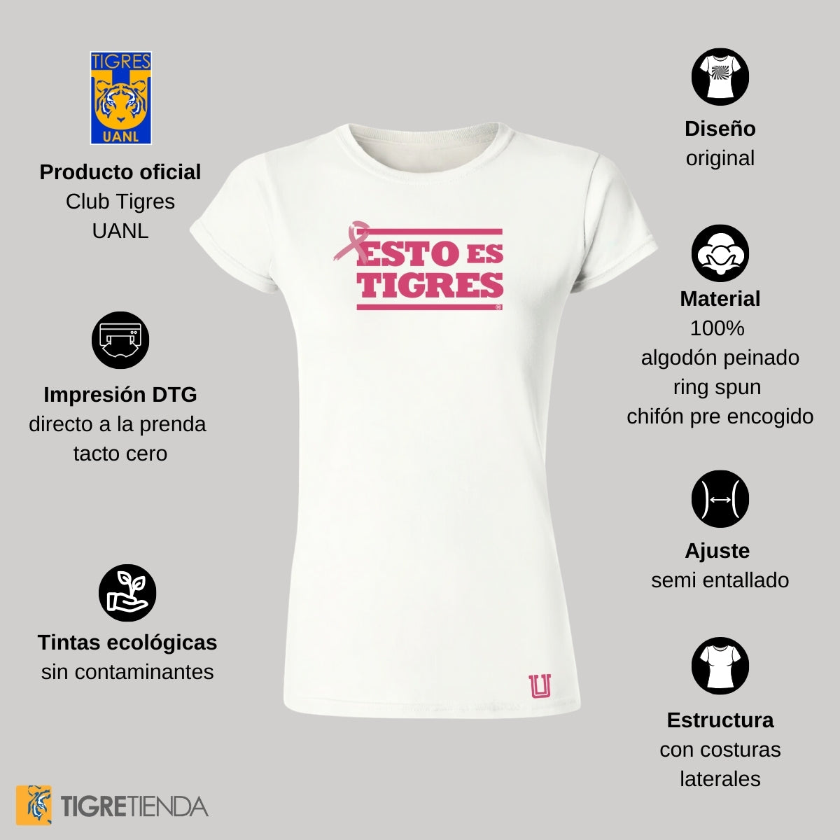 Playera Mujer Tigres UANL Rosa Cáncer Mama