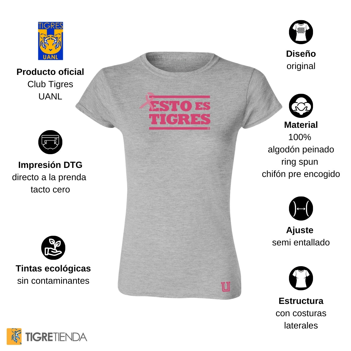 Playera Mujer Tigres UANL Rosa Cáncer Mama