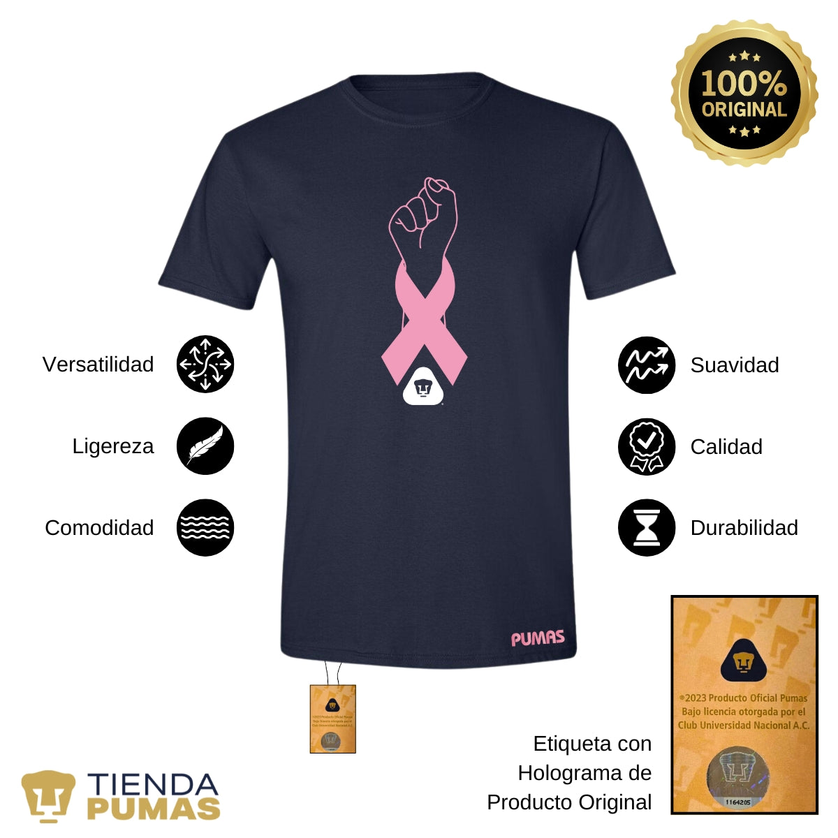 Playera Hombre Pumas UNAM Lucha Cáncer Mama