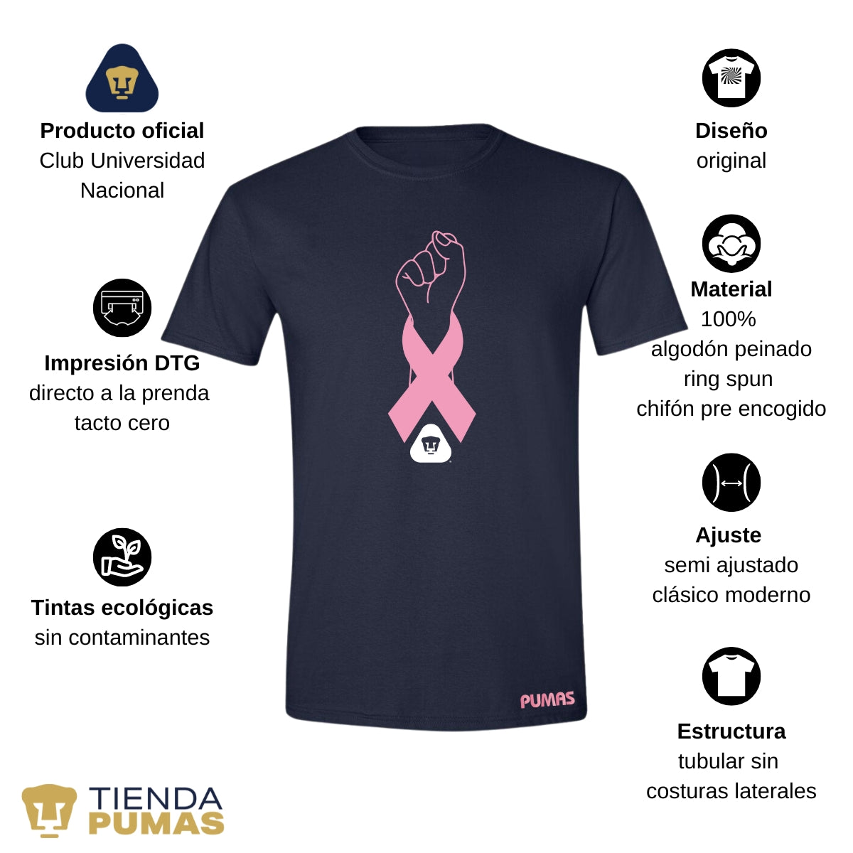 Playera Hombre Pumas UNAM Lucha Cáncer Mama