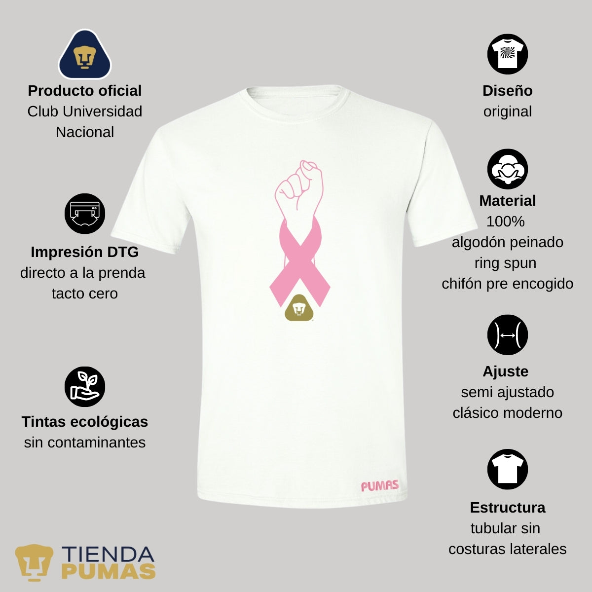 Playera Hombre Pumas UNAM Lucha Cáncer Mama