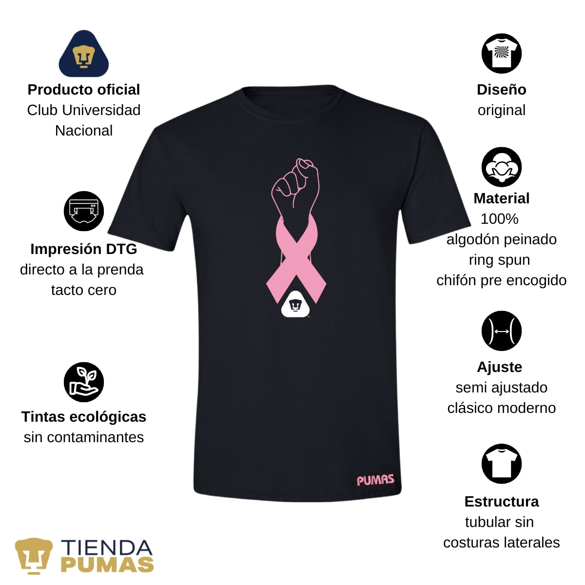 Playera Hombre Pumas UNAM Lucha Cáncer Mama