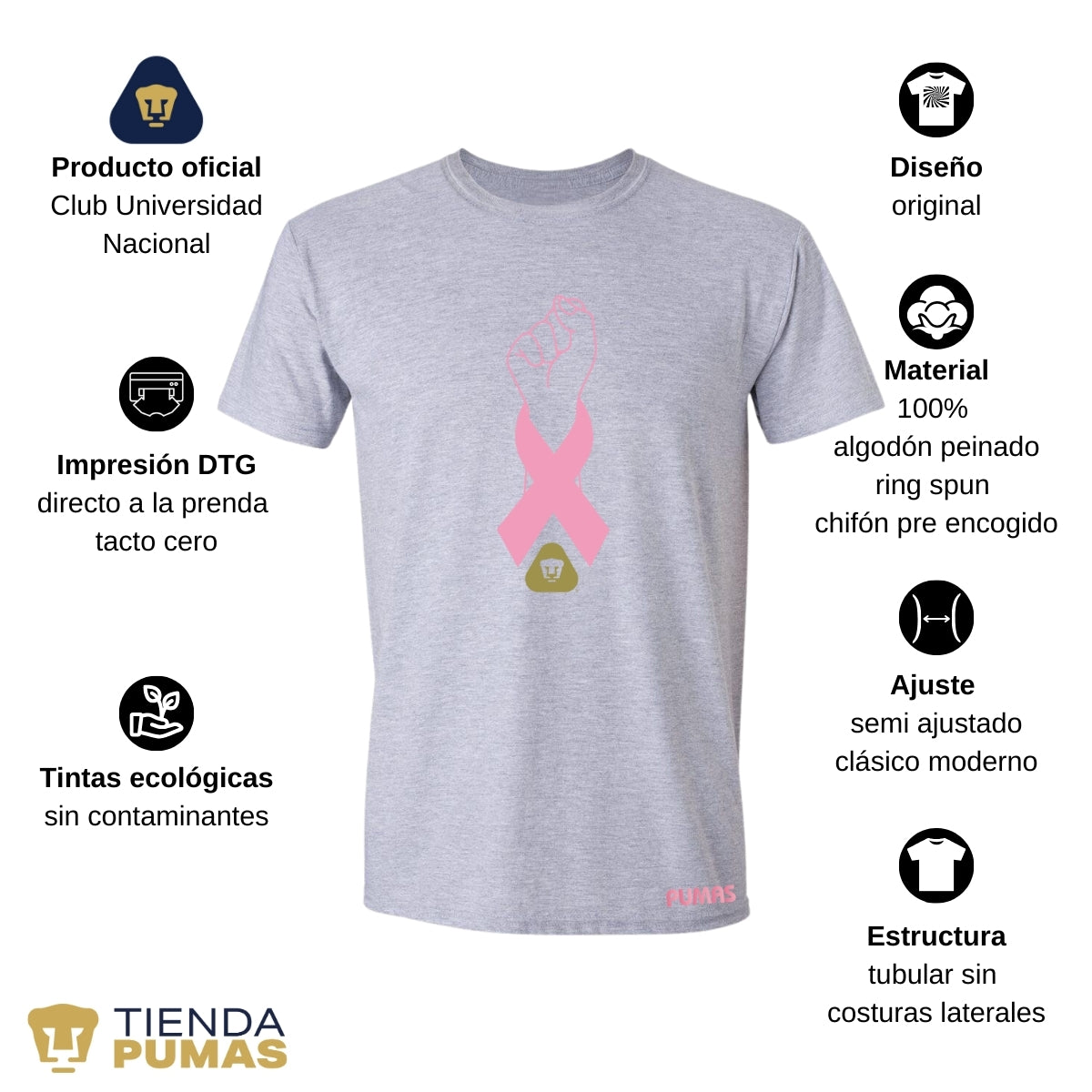 Playera Hombre Pumas UNAM Lucha Cáncer Mama