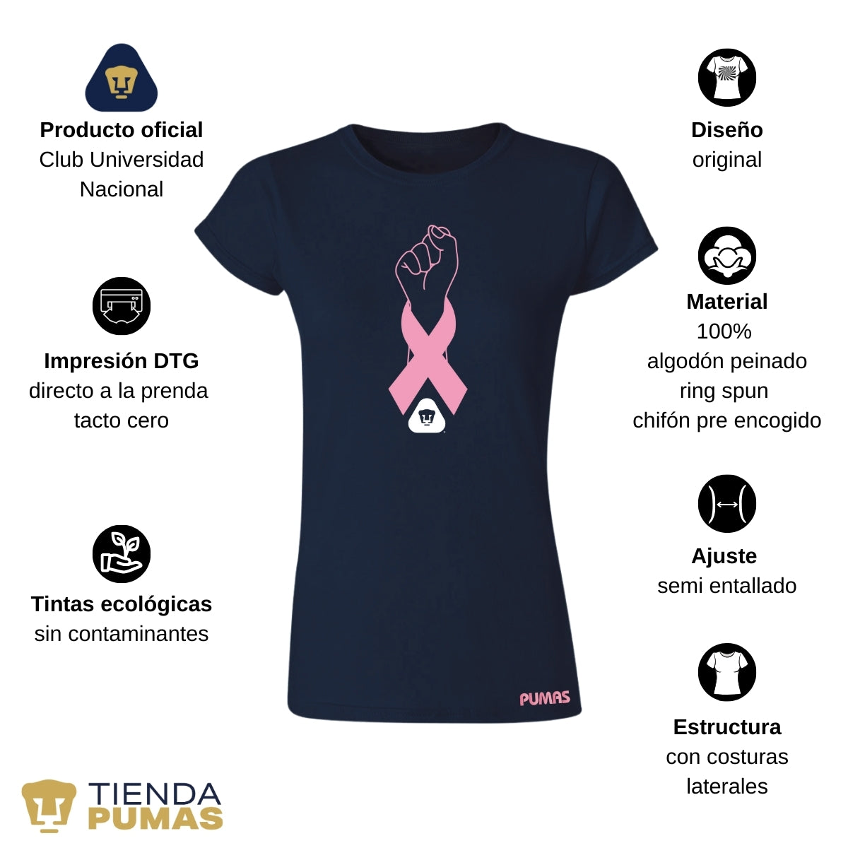 Playera Mujer Pumas UNAM Lucha Cáncer Mama