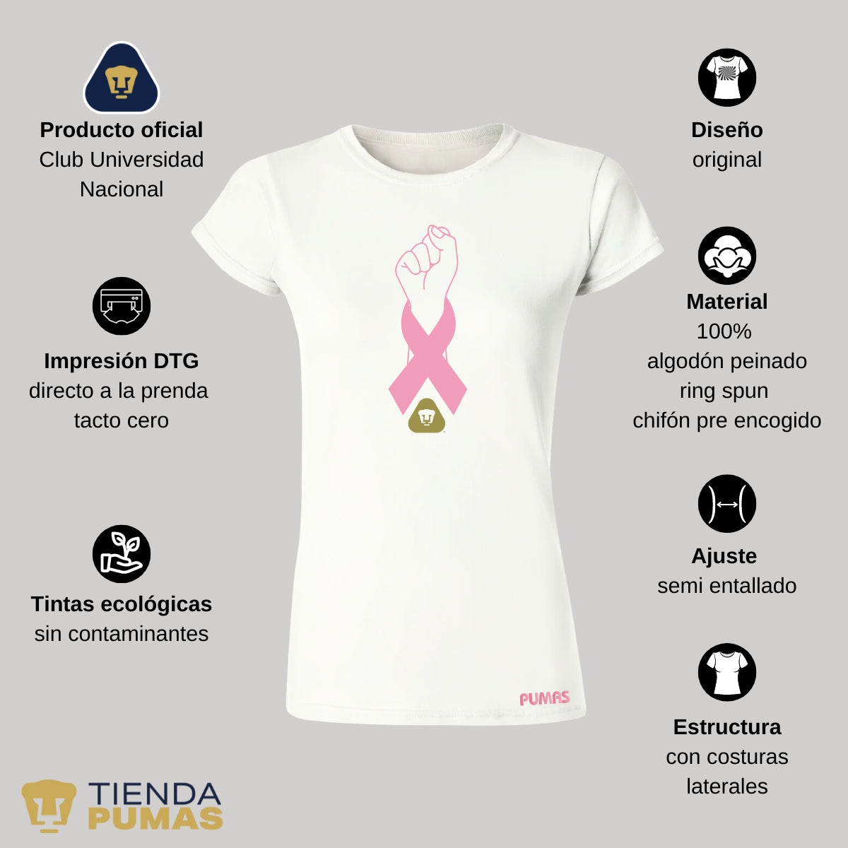 Playera Mujer Pumas UNAM Lucha Cáncer Mama