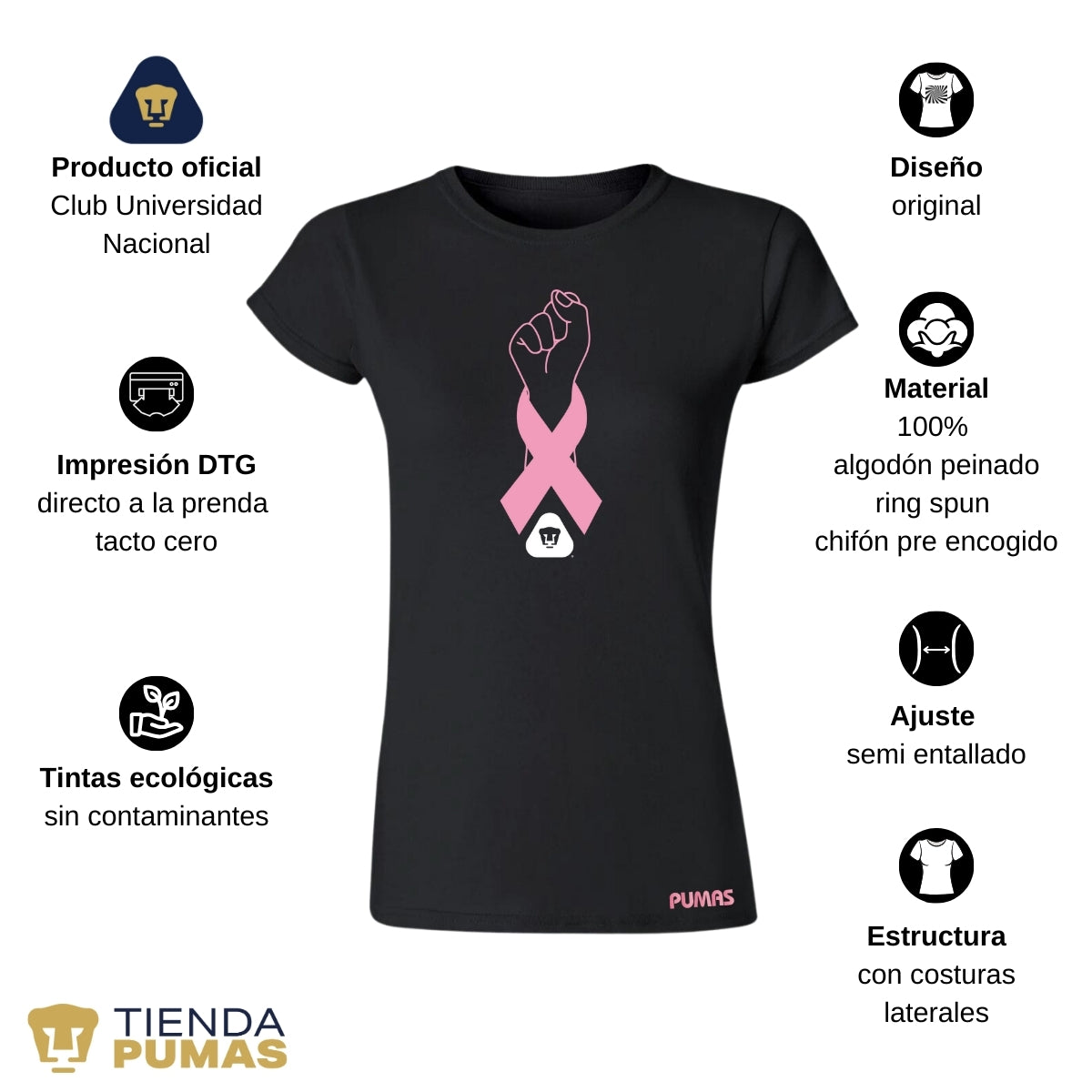 Playera Mujer Pumas UNAM Lucha Cáncer Mama