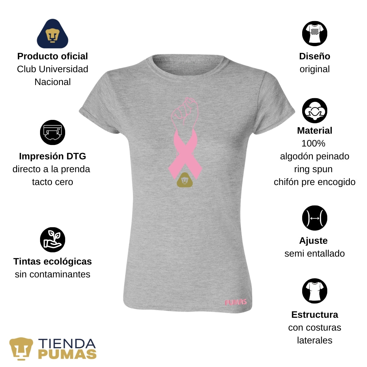 Playera Mujer Pumas UNAM Lucha Cáncer Mama