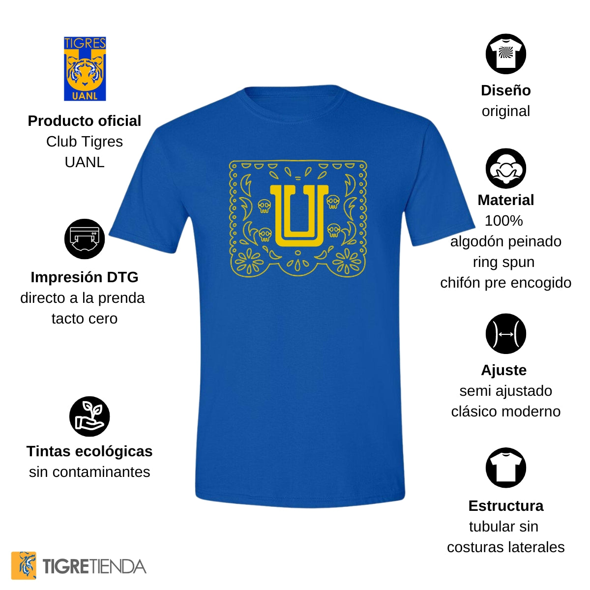 Playera Hombre Tigres UANL Día de Muertos Papel Picado