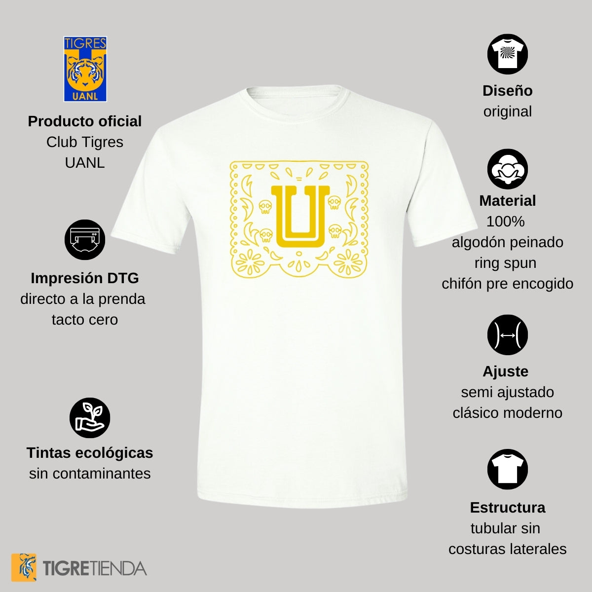 Playera Hombre Tigres UANL Día de Muertos Papel Picado