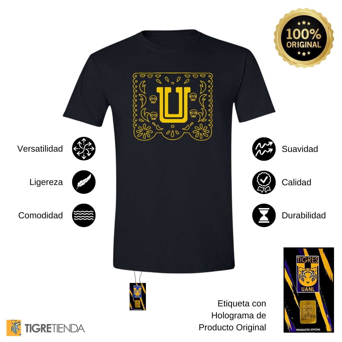 Playera Hombre Tigres UANL Día de Muertos Papel Picado