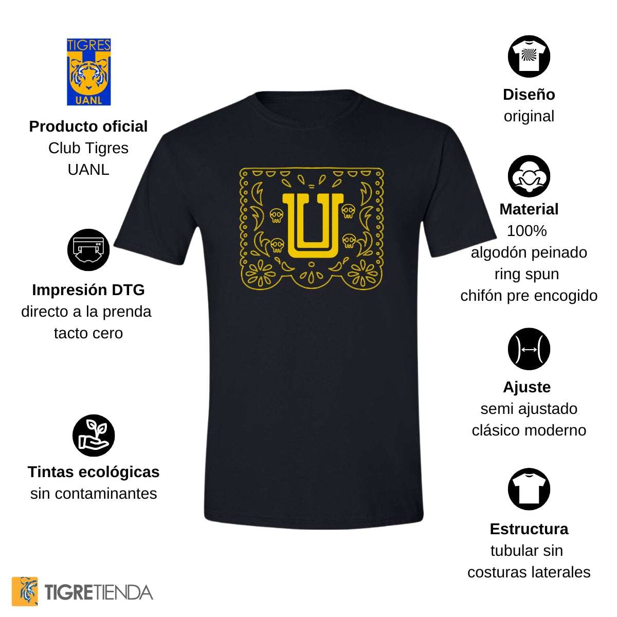 Playera Hombre Tigres UANL Día de Muertos Papel Picado