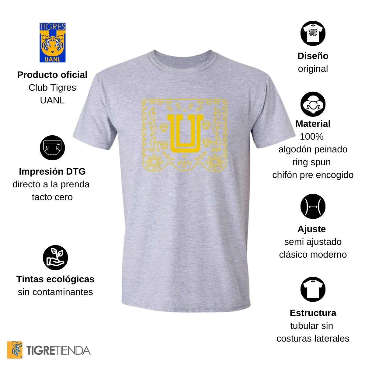 Playera Hombre Tigres UANL Día de Muertos Papel Picado