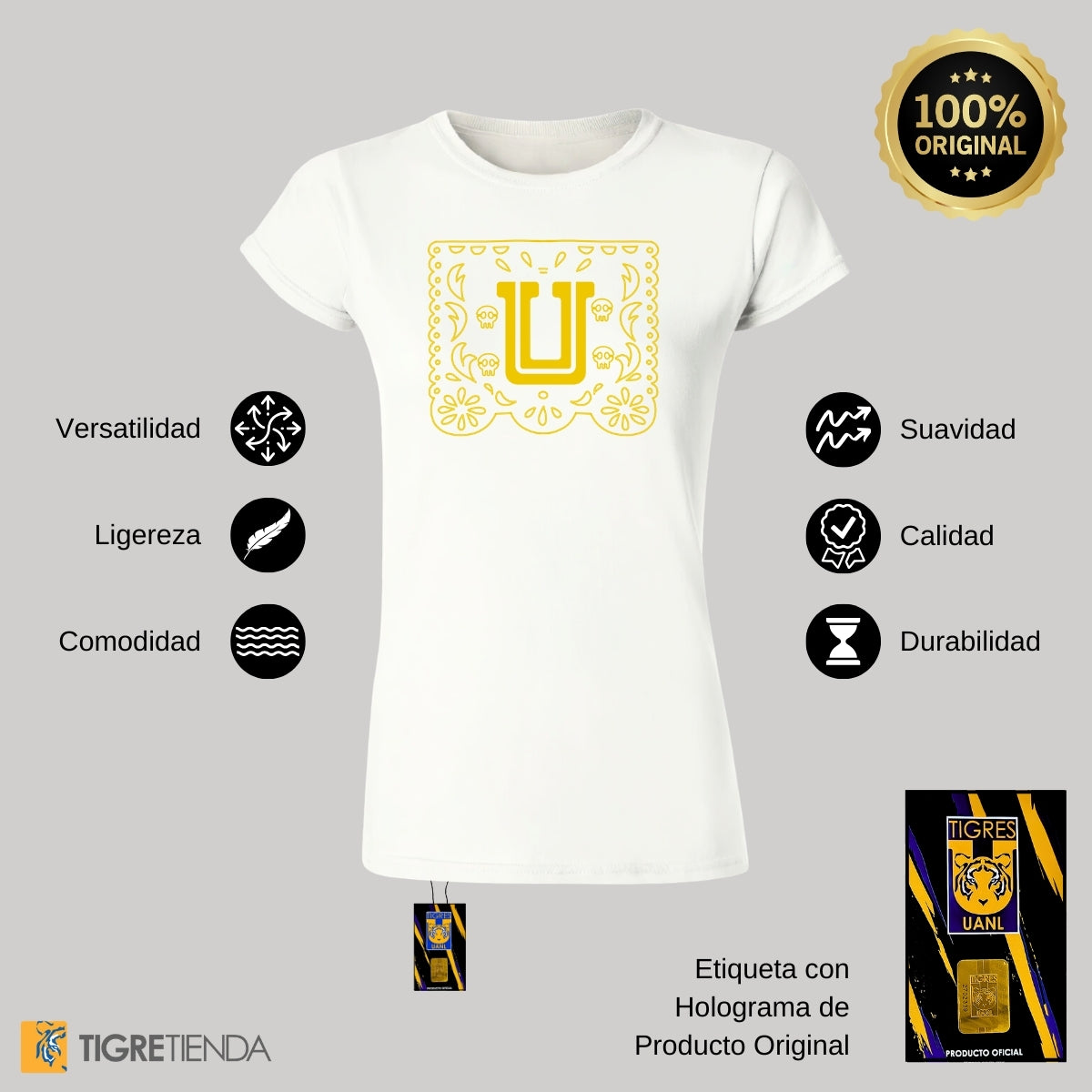 Playera Mujer Tigres UANL Día de Muertos Papel Picado