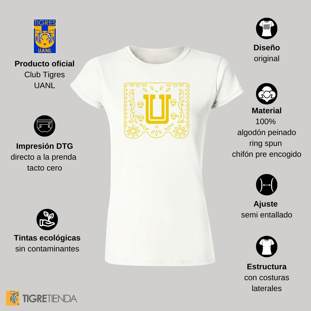 Playera Mujer Tigres UANL Día de Muertos Papel Picado