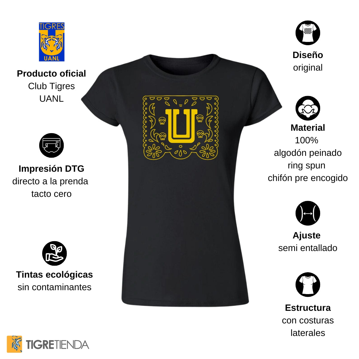 Playera Mujer Tigres UANL Día de Muertos Papel Picado