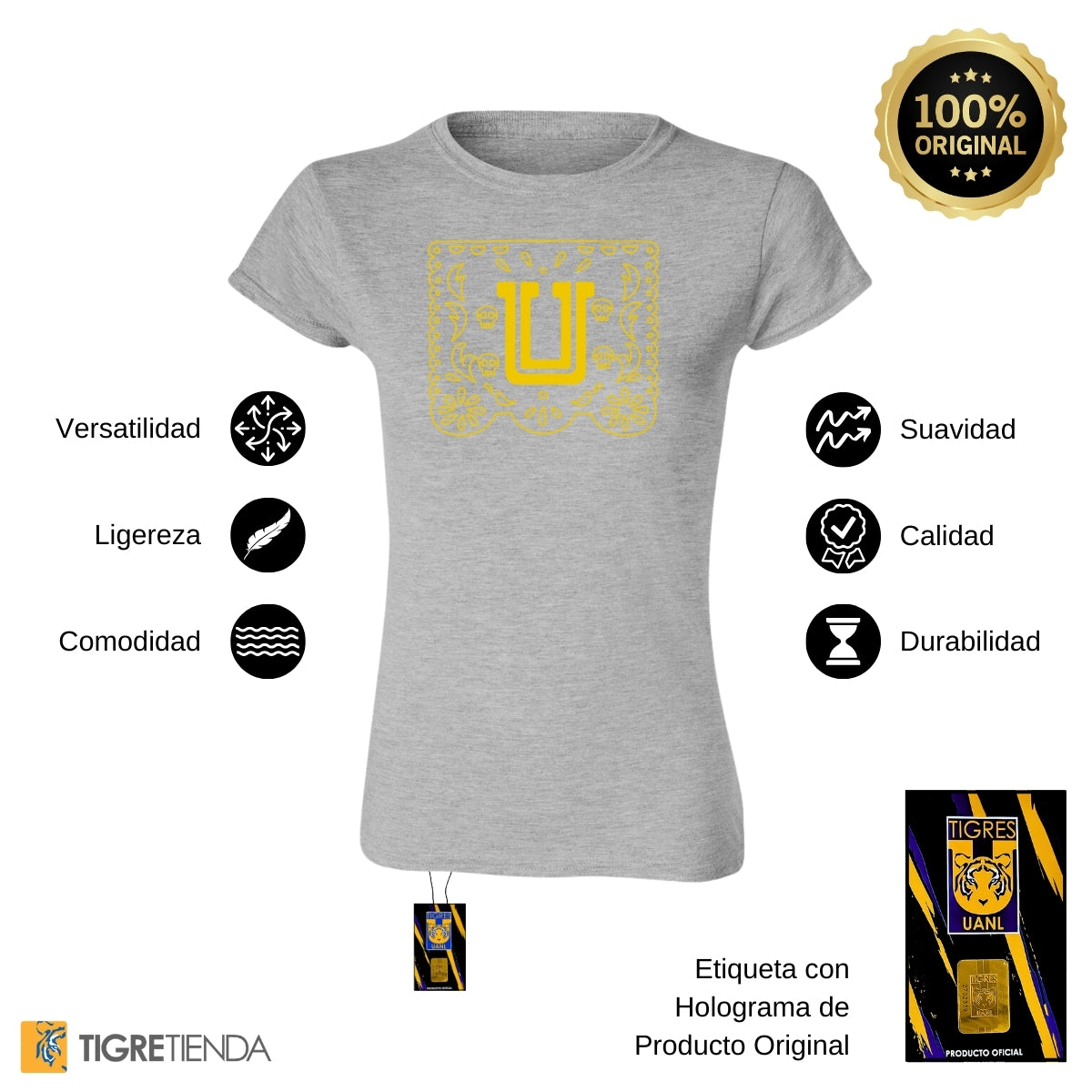 Playera Mujer Tigres UANL Día de Muertos Papel Picado