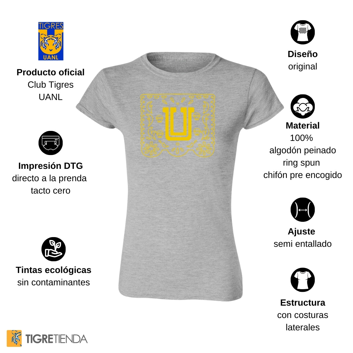 Playera Mujer Tigres UANL Día de Muertos Papel Picado