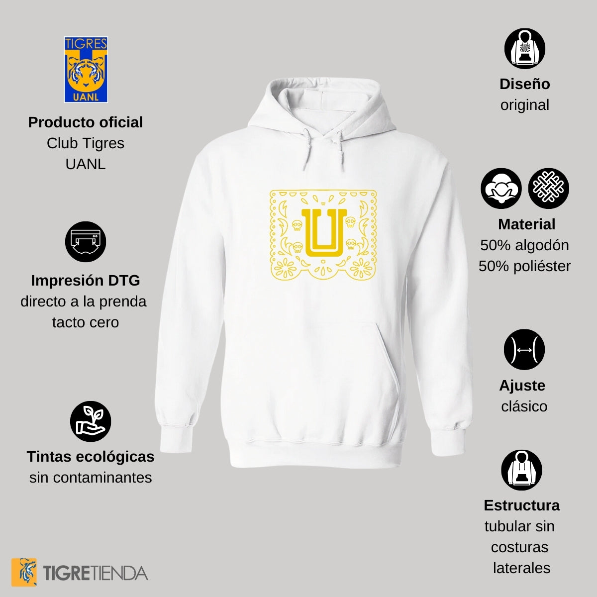 Sudadera para Hombre Hoodie Tigres UANL Papel Picado