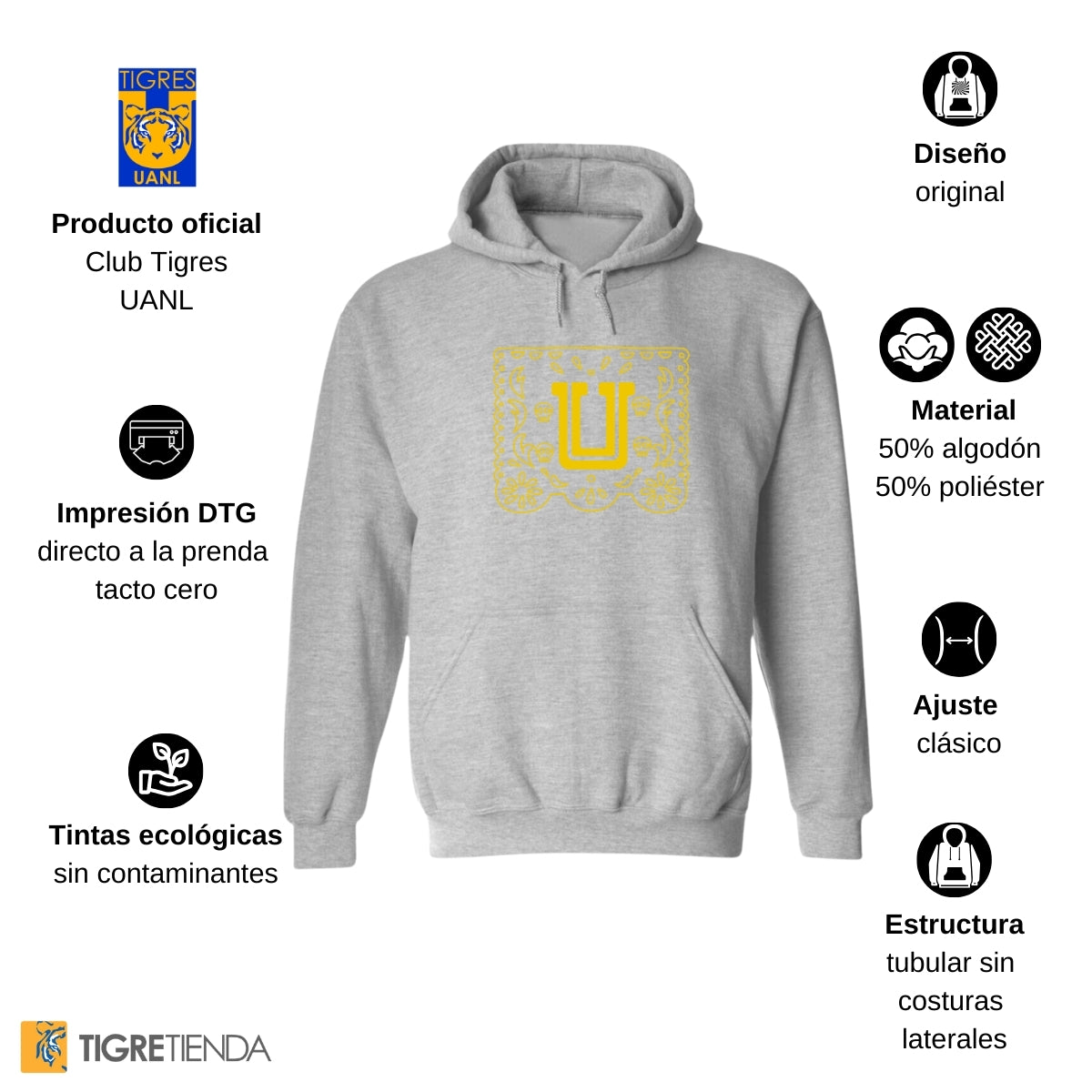 Sudadera para Hombre Hoodie Tigres UANL Papel Picado