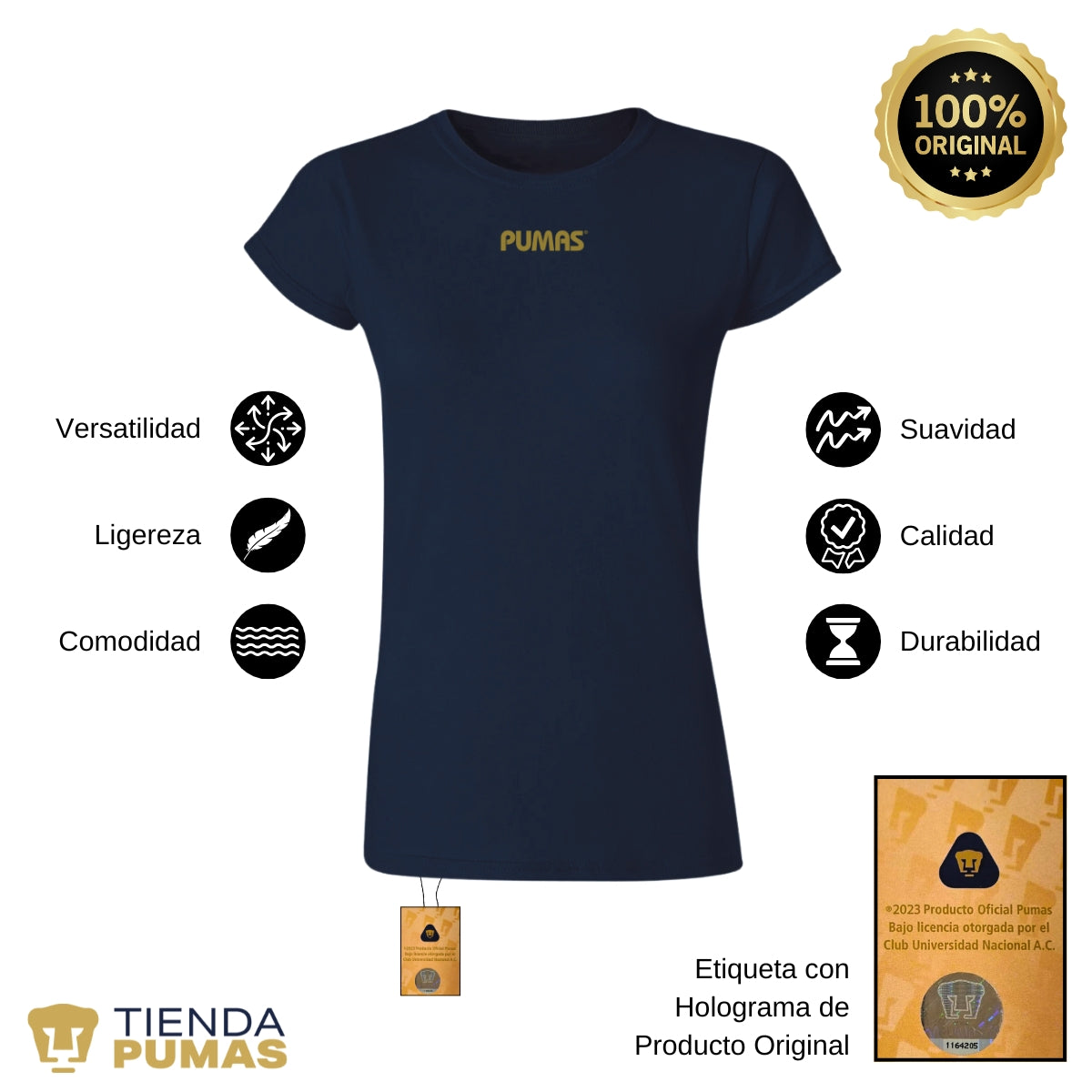 Playera Mexicana Mujer Pumas UNAM Blank Dorado Azul