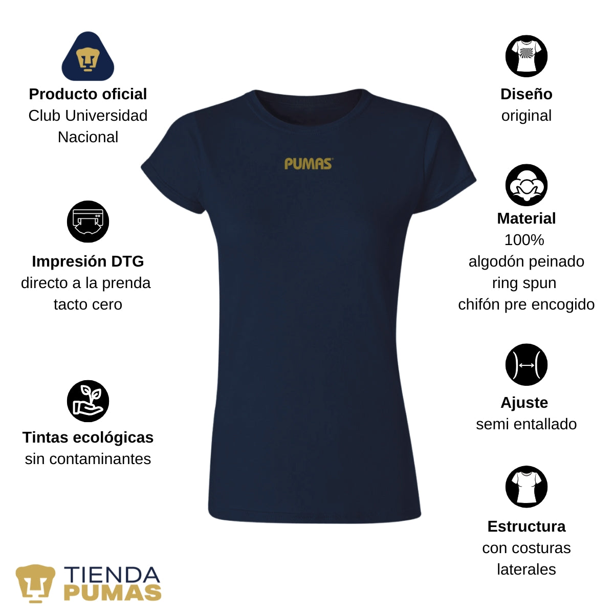 Playera Mexicana Mujer Pumas UNAM Blank Dorado Azul