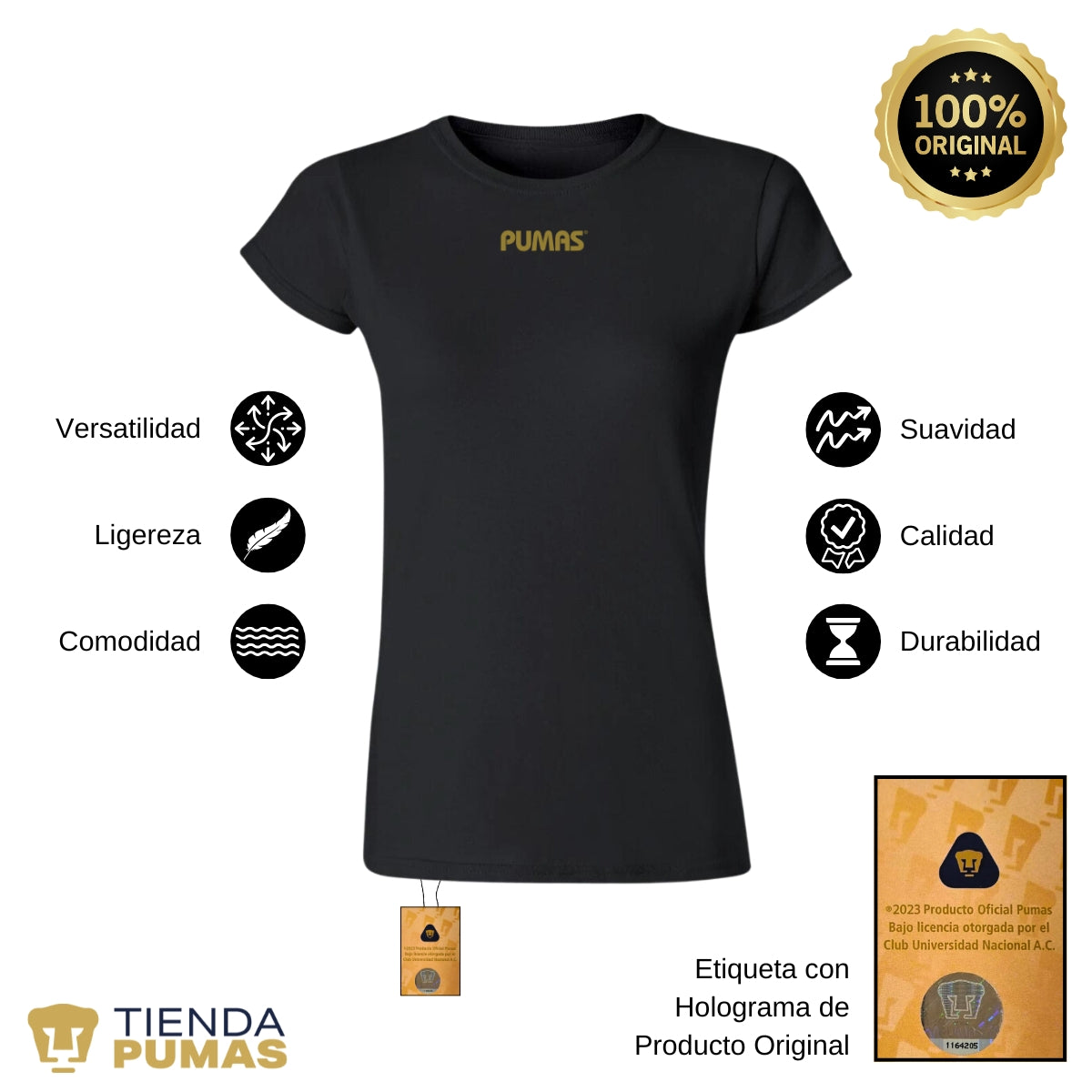 Playera Mexicana Mujer Pumas UNAM Blank Dorado Azul