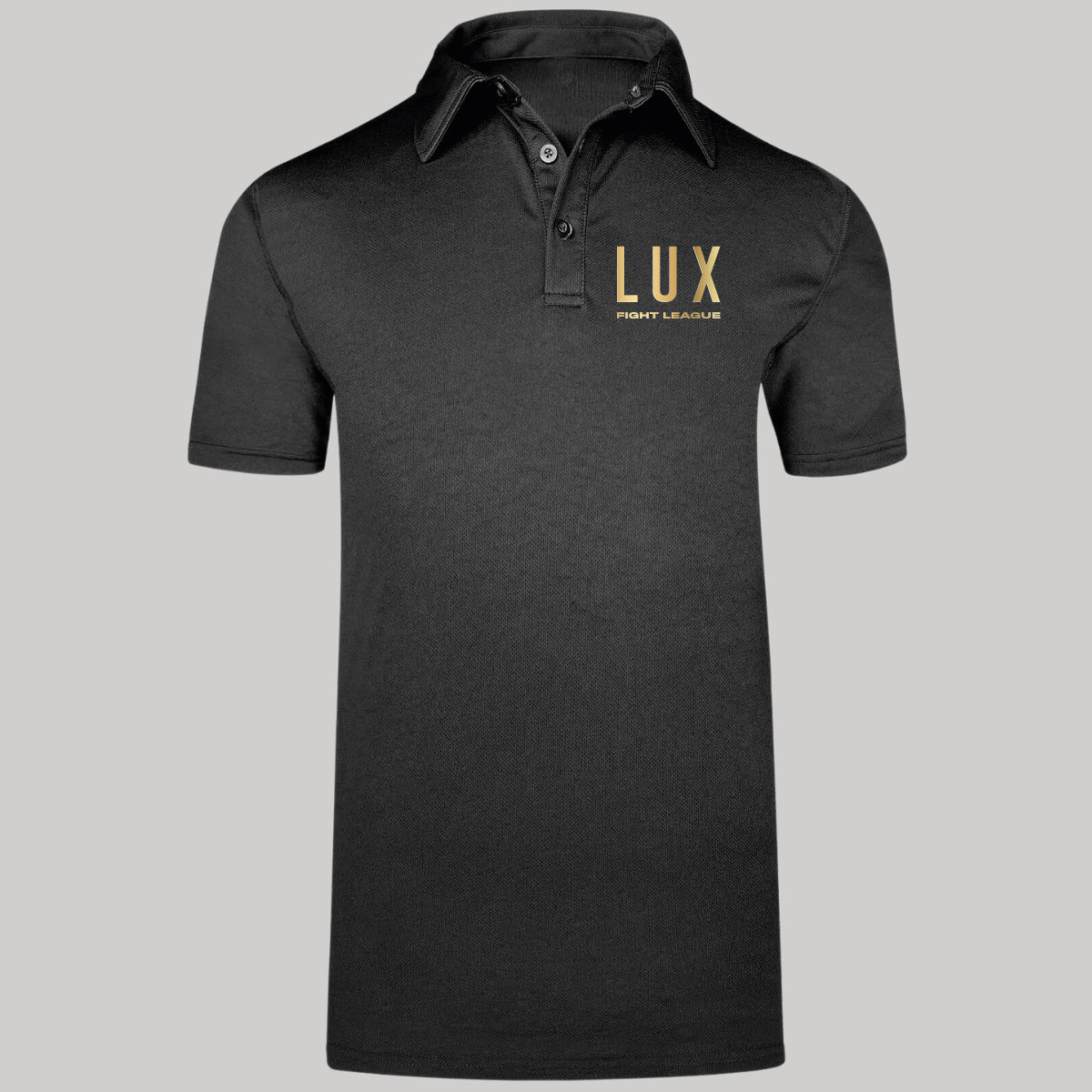 Playera Polo Negra de Hombre LUX FIGHT Escudo VINIL