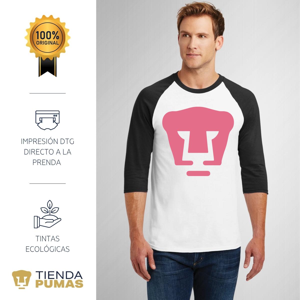Playera Raglán Manga 3/4 Hombre Pumas UNAM Logo Rosa