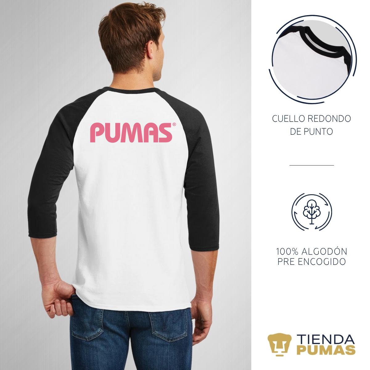 Playera Raglán Manga 3/4 Hombre Pumas UNAM Logo Rosa