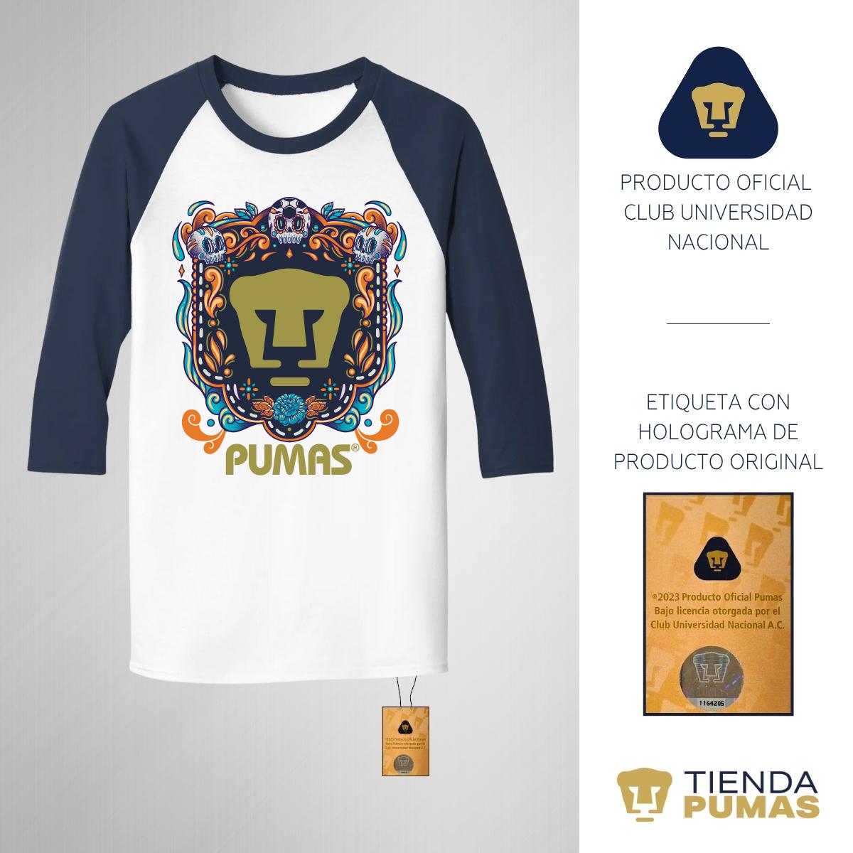 Playera Raglán Manga 3/4 Hombre Pumas UNAM Día de Muertos Celeste