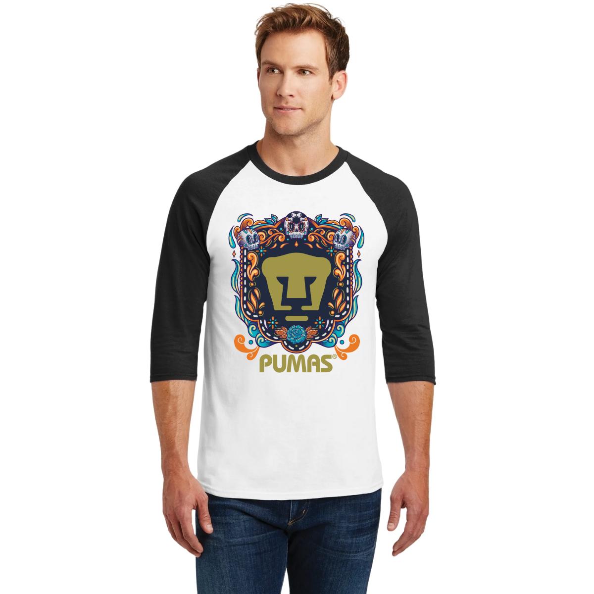Playera Raglán Manga 3/4 Hombre Pumas UNAM Día de Muertos Celeste