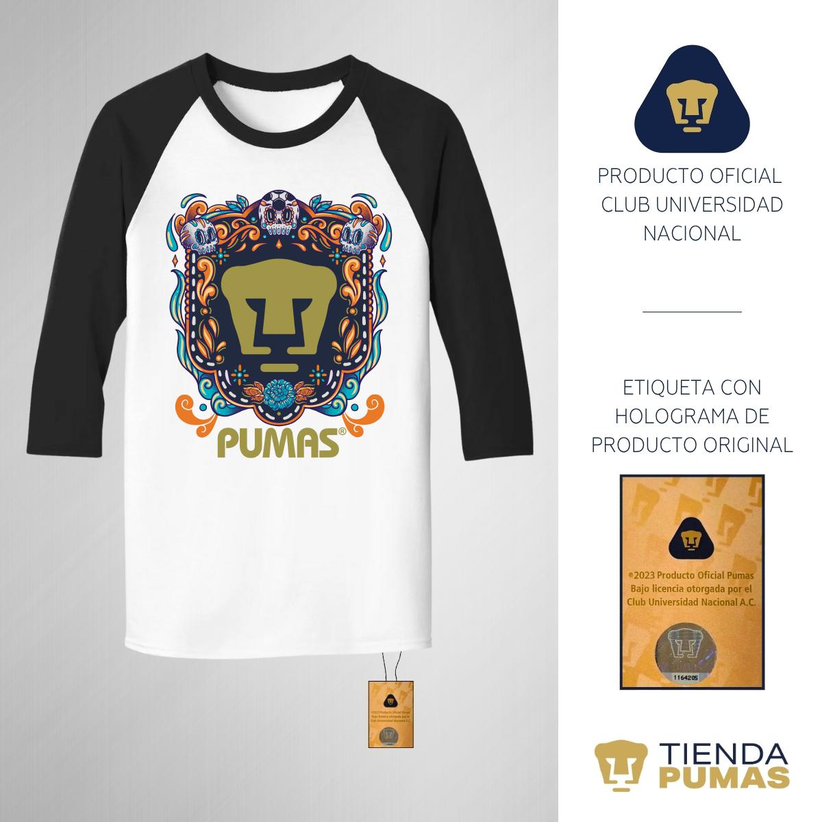 Playera Raglán Manga 3/4 Hombre Pumas UNAM Día de Muertos Celeste