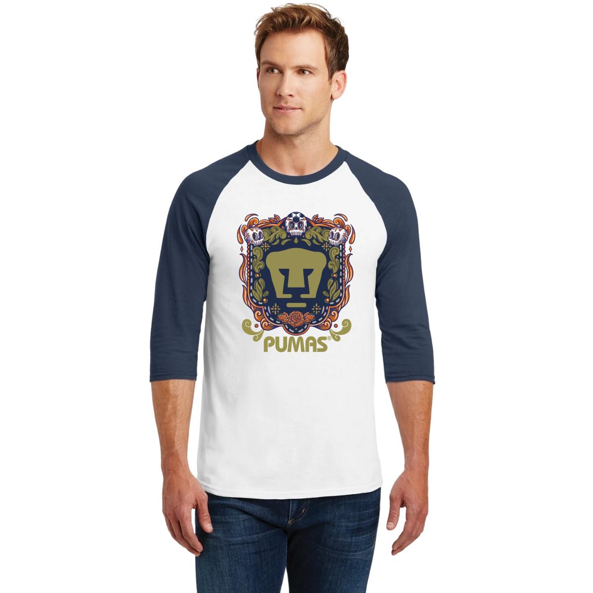 Playera Raglán Manga 3/4 Hombre Pumas UNAM Día de Muertos Naranja