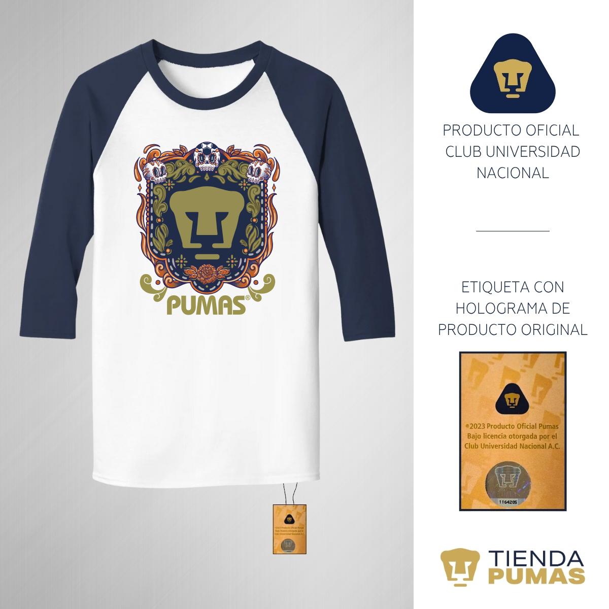 Playera Raglán Manga 3/4 Hombre Pumas UNAM Día de Muertos Naranja