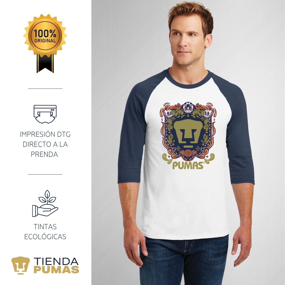 Playera Raglán Manga 3/4 Hombre Pumas UNAM Día de Muertos Naranja