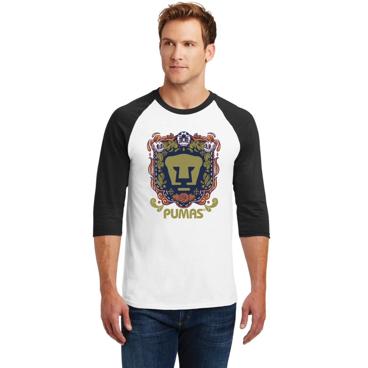 Playera Raglán Manga 3/4 Hombre Pumas UNAM Día de Muertos Naranja