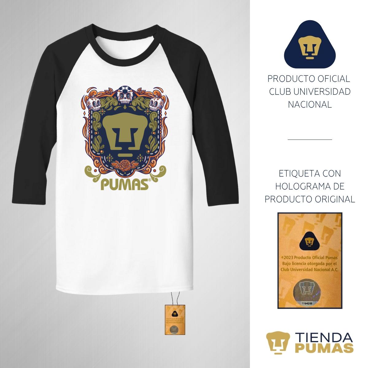Playera Raglán Manga 3/4 Hombre Pumas UNAM Día de Muertos Naranja