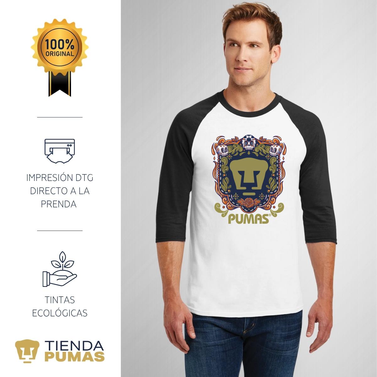 Playera Raglán Manga 3/4 Hombre Pumas UNAM Día de Muertos Naranja