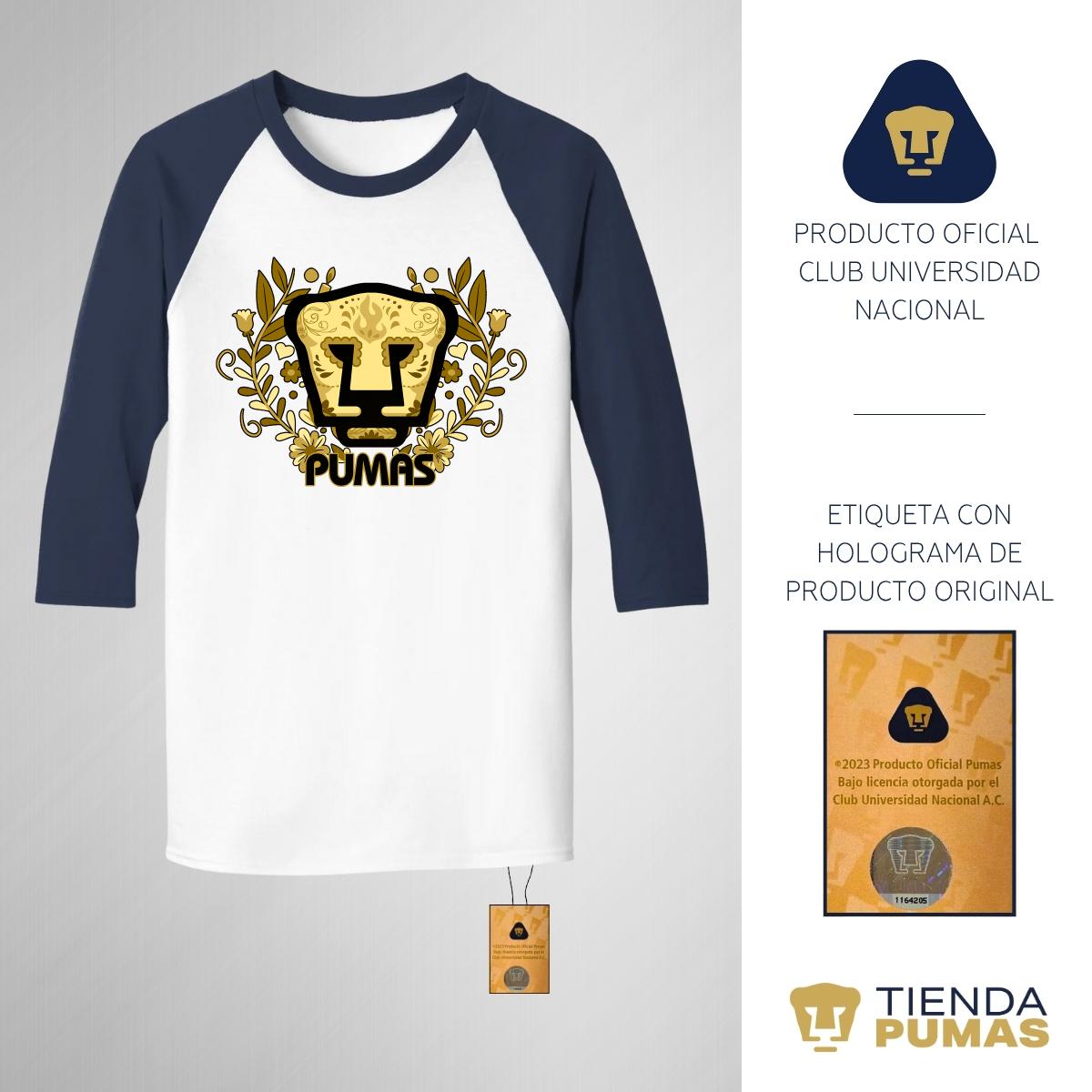 Playera Raglán Manga 3/4 Hombre Pumas UNAM Día de Muertos Oro
