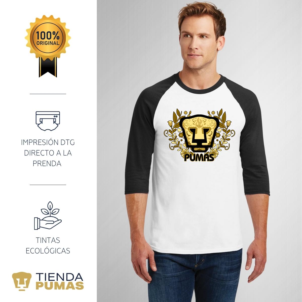 Playera Raglán Manga 3/4 Hombre Pumas UNAM Día de Muertos Oro