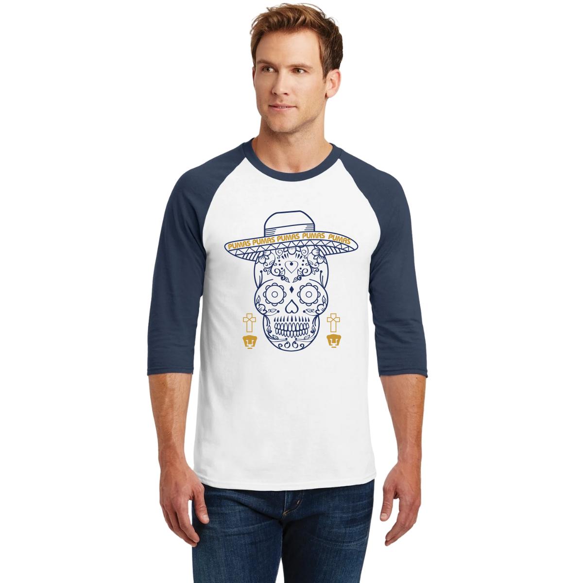 Playera Raglán Manga 3/4 Hombre Pumas UNAM Día de muertos Calavera