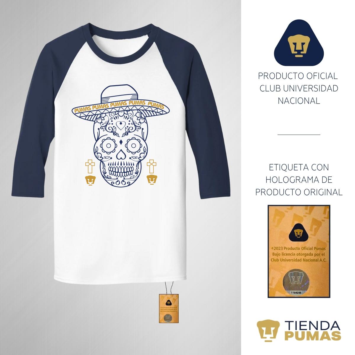 Playera Raglán Manga 3/4 Hombre Pumas UNAM Día de muertos Calavera