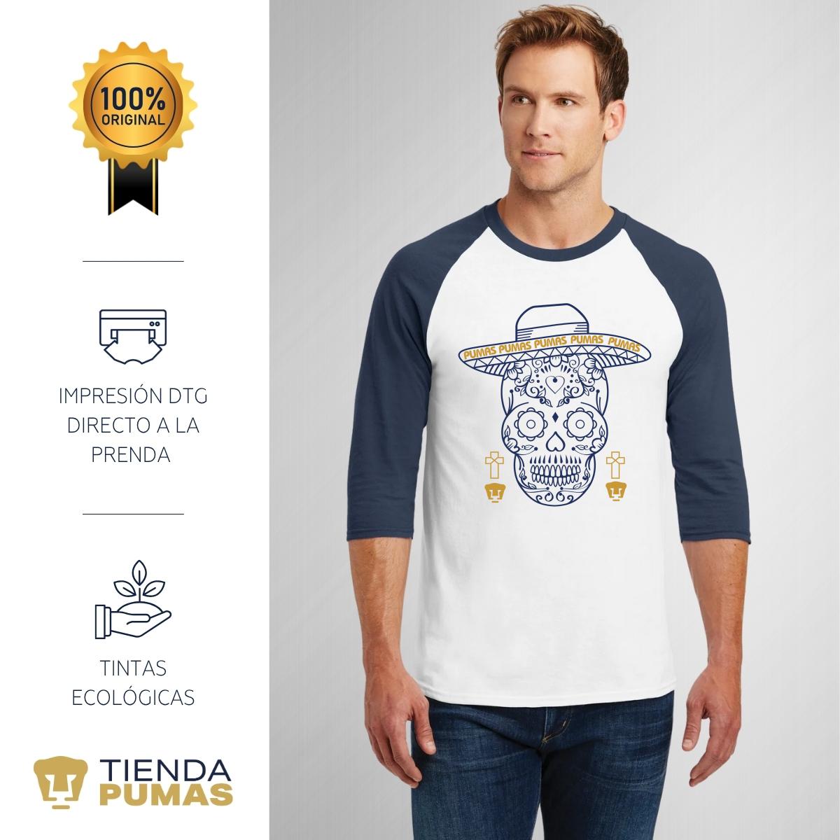 Playera Raglán Manga 3/4 Hombre Pumas UNAM Día de muertos Calavera