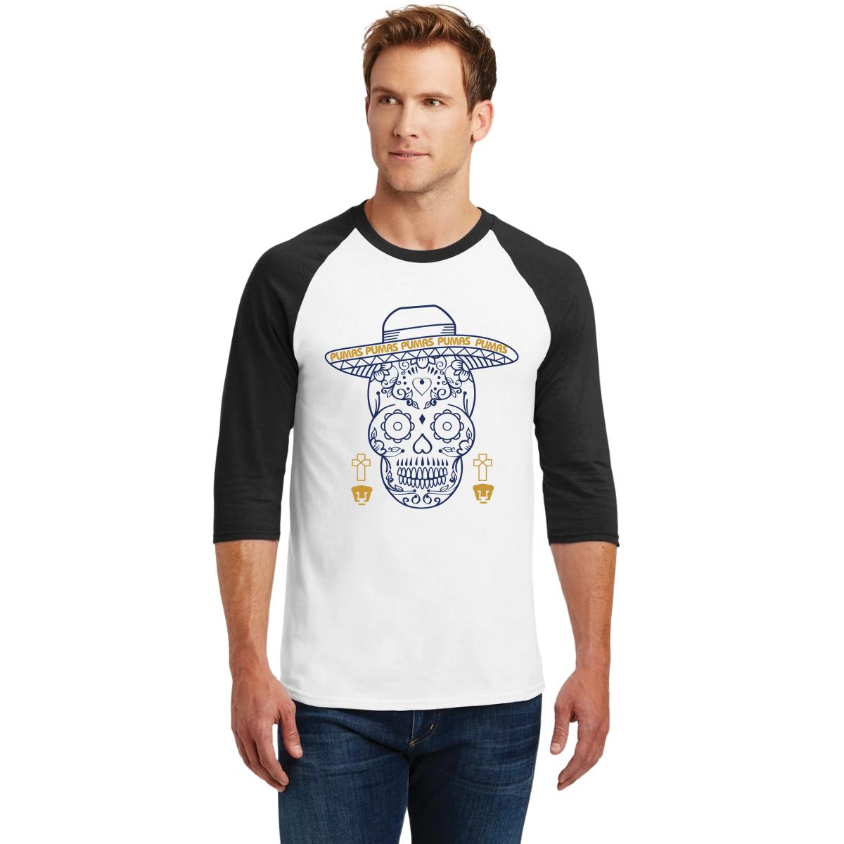 Playera Raglán Manga 3/4 Hombre Pumas UNAM Día de muertos Calavera
