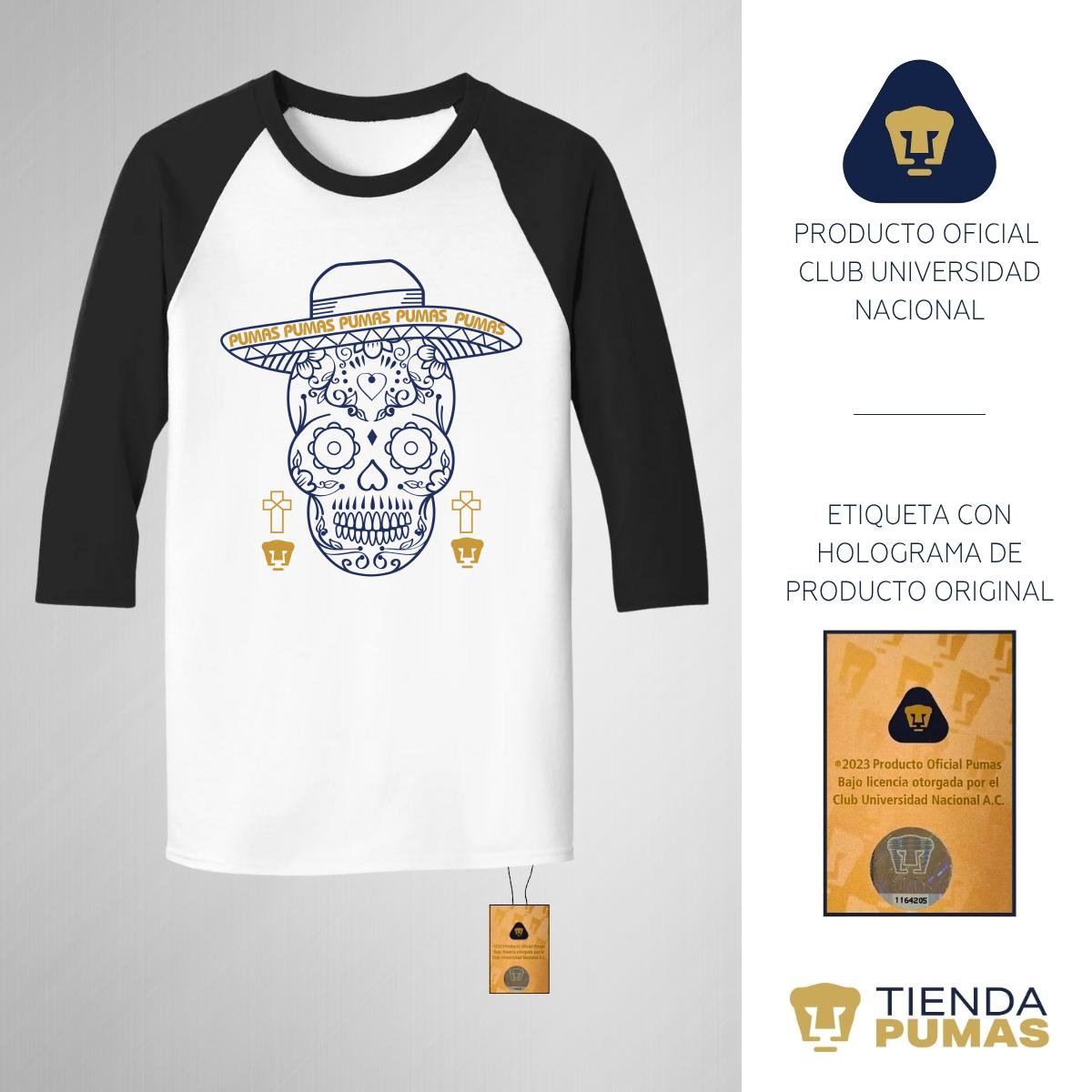 Playera Raglán Manga 3/4 Hombre Pumas UNAM Día de muertos Calavera