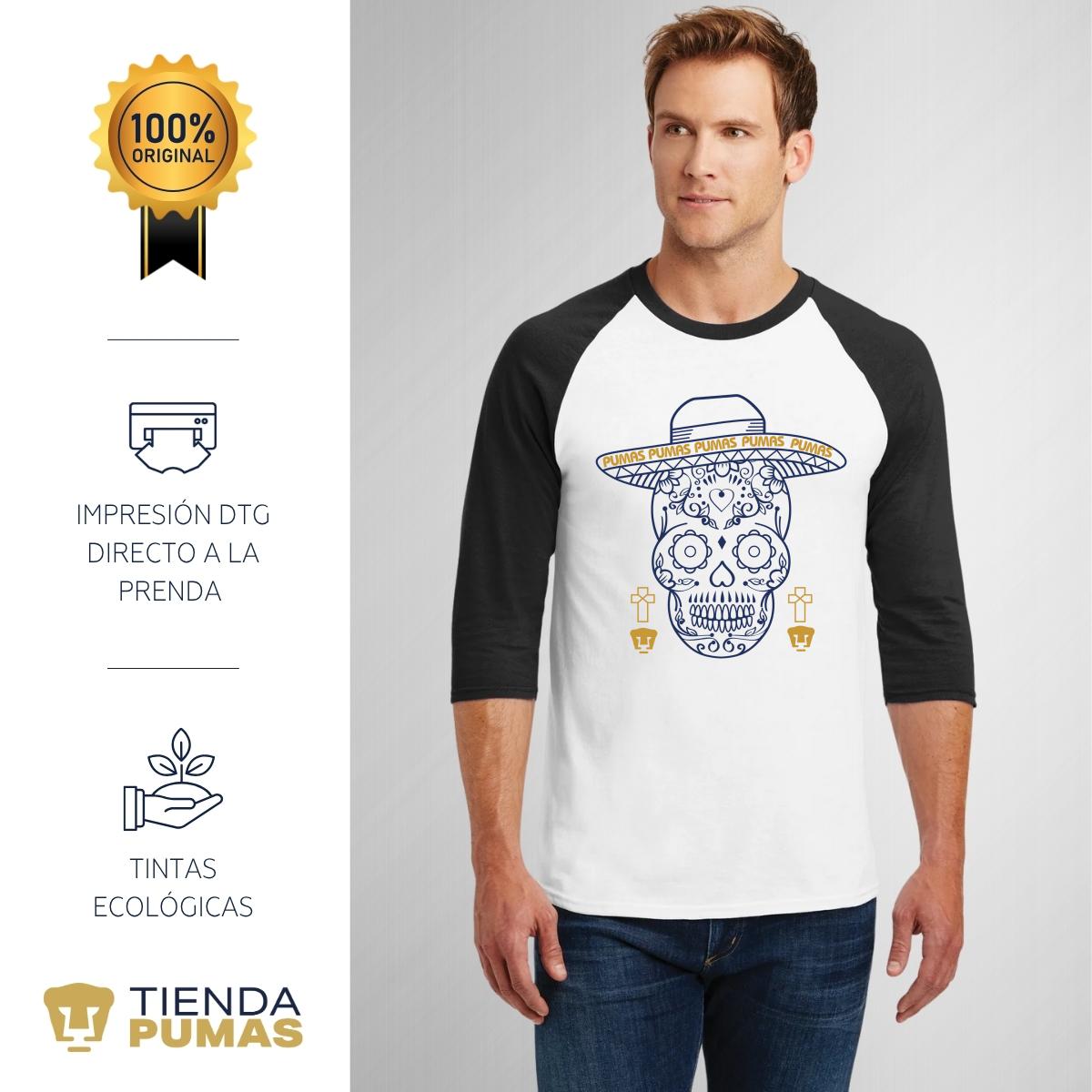 Playera Raglán Manga 3/4 Hombre Pumas UNAM Día de muertos Calavera