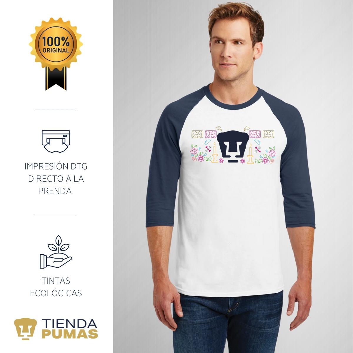 Playera Raglán Manga 3/4 Hombre Pumas UNAM Día de Muertos Altar